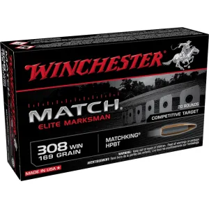 Winchester Match Elite Marksman 308 Winchester Ammo 169 Grain Sierra MatchKing Jacketed Hollow Point Case of 200 (10 Boxes of 20)