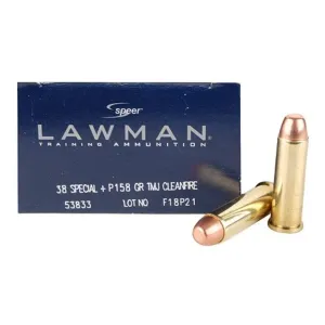 Speer Lawman Cleanfire 38 Special +P Ammo 158 Grain Full Metal Jacket Box of 50