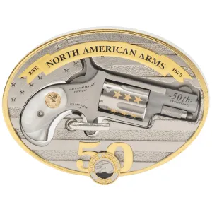 North American Arms Mini Revolver 50th Anniversary 22 Long Rifle Rimfire Handgun 1.125" Stainless Barrel 5 Round Pearl Grip Belt Buckle