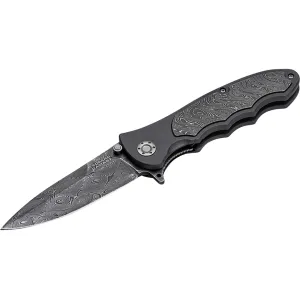 Boker Knives Leopard Damascus III Pocket Knife 3.82" Spear Point Damascus Blade Aluminum Handle Gray