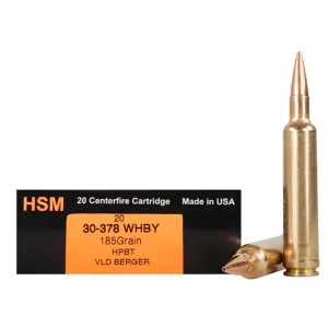 HSM Trophy Gold 30-378 Weatherby Magnum Ammo 185 Grain Berger Hunting VLD (Very Low Drag) Jacketed Hollow Point Box of 20