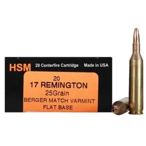 HSM Varmint Gold 17 Remington Ammo 25 Grain Berger Varmint Jacketed Hollow Point Box of 20