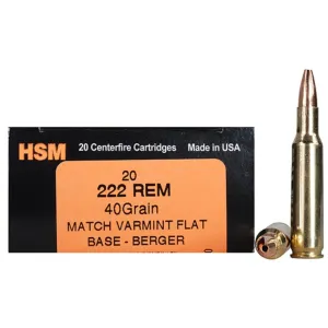 HSM Varmint Gold 222 Remington Ammo 40 Grain Berger Varmint Jacketed Hollow Point Box of 20