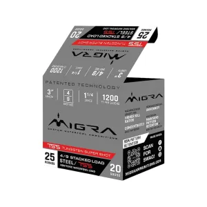 Migra TSS Waterfowl 20 Gauge Ammo 3" #4 and #9 Steel and Tungsten Shot 1-1/4 oz Case of 250 (10 Boxes of 25)