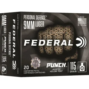 Federal Personal Defense Punch 9mm Luger Ammo 115 Grain Federal Punch Jacketed Hollow Point Case of 200 (10 Boxes of 20)