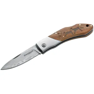 Boker Knives Caveman Pocket Knife 3.23" Drop Point Damascus Damascus Blade Wood Handle Brown
