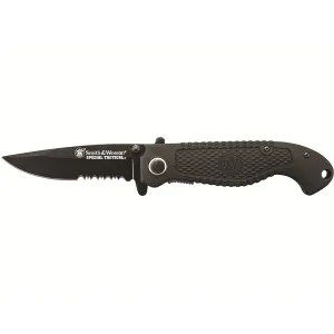 Smith & Wesson CKTACBSDCP Pocket Knife 3.5" Partially Serrated Drop Point 7Cr17MoV Black Blade Rubber Handle Black