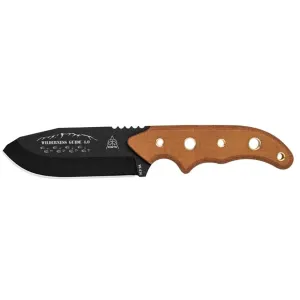 TOPS Wilderness Guide 4.0 Fixed Blade Hunting Knife 4.25" Black Drop Point 1095 Carbon Steel Blade Canvas Micarta Handle Tan