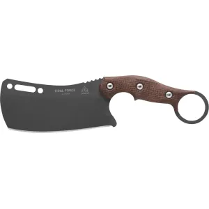 TOPS Knives Tidal Force Fixed Blade Knife 4.87" Cleaver 1095 Gray Traction Blade Burlap Micarta Handle Brown