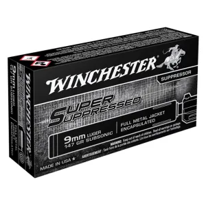 Winchester Super Suppressed 9mm Luger Ammo 147 Grain Full Metal Jacket Case of 500 (10 Boxes of 50)