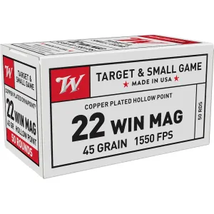 Winchester Dynapoint 22 Winchester Magnum Rimfire (WMR) Ammo 45 Grain Plated Hollow Point Case of 2000 (40 Boxes of 50)