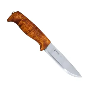 Helle Gaupe Fixed Blade Knife 4.21" Drop Point Laminated Satin Blade Curly Birch Handle Brown