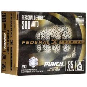 Federal Personal Defense Punch 380 ACP Ammo 85 Grain Jacketed Hollow Point Case of 200 (10 Boxes of 20)