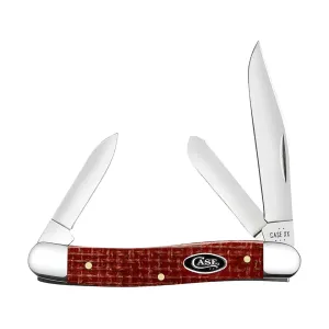 Case Medium Stockman Pocket Knife 2.5" Clip Point, Pen, Spey Carbon Mirror Polished Blade Burlap Micarta Handle Dark Red