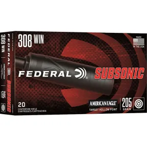 Federal American Eagle Subsonic 308 Winchester Ammo 205 Grain Jacketed Hollow Point Box of 20