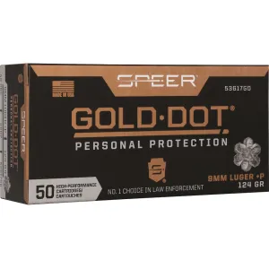 Speer Gold Dot 9mm Luger +P Ammo 124 Grain Bonded Jacketed Hollow Point Box of 50