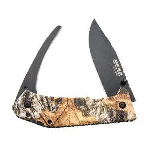 Bear & Son Double Pocket Knife 4.875" Drop Point with Gut Hook 440HC Black Blade Aluminum Handle Realtree Hardwoods Green HD