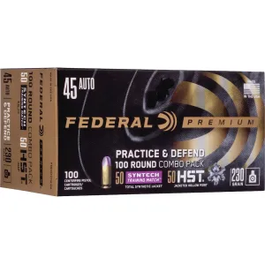 Federal Premium Practice and Defend HST/Syntech Combo 45 ACP Ammo 230 Grain Total Synthetic Jacket and Jacketed Hollow Point Box of 100