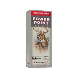 Winchester Power Point 243 Winchester Super Short Magnum (WSSM) Ammo 100 Grain Jacketed Soft Point Case of 200 (10 Boxes of 20)