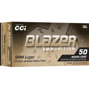 Blazer Brass 9mm Luger Ammo 115 Grain Jacketed Hollow Point Case of 500 (10 Boxes of 50)