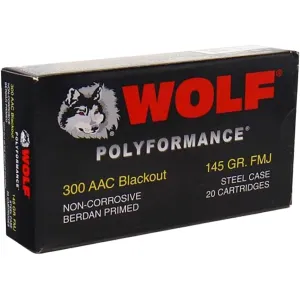 Wolf Polyformance Steel Case 300 AAC Blackout Ammo 145 Grain Full Metal Jacket Case of 500 (25 Boxes of 20)