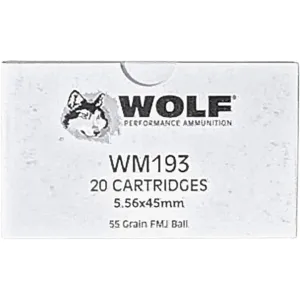 Wolf M193 5.56x45mm NATO Ammo 55 Grain Full Metal Jacket Case of 1000 (50 Boxes of 20)
