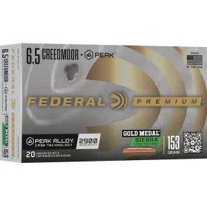 Federal Premium Gold Medal 6.5 Creedmoor +Peak Ammo 153 Grain Sierra Tipped MatchKing Polymer Tip Box of 20
