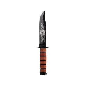KA-BAR 250th USA Commemorative Fixed Blade Knife 7" Clip Point 1095 Cro-Van Black Powder Coat Blade Stacked Leather Handle Brown