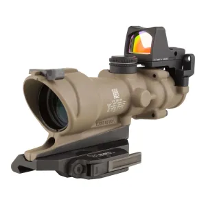 Trijicon ACOG Rifle Scope 4x 32mm Tritium Illuminated Amber Crosshair 5.56 Reticle with 3.25 MOA RMR Type 2 Red Dot Sight, Iron Sight and Quick Release Mount Cerakote Flat Dark Earth