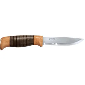 Helle Sigmund Fixed Blade Knife 4.21" Straightback Laminated Satin Blade Beech, Leather and Dark Oak Handle Brown