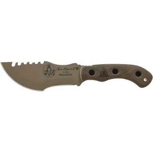 TOPS Knives Tom Brown Mini Tracker #4 Fixed Blade Knife 3.75" Drop Point 1095 Coyote Tan Blade Canvas Micarta Handle Green