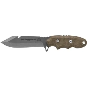 TOPS Knives Backpackers Bowie Fixed Blade Knife 4.5" Clip Point 1095 Tumble Blade Canvas Micarta Handle Tan