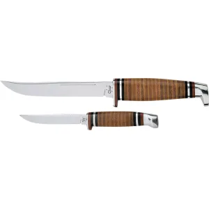 Case Twin Finn Fixed Blade Knife Set Clip Point Stainless Steel Blades Brown Leather Handles