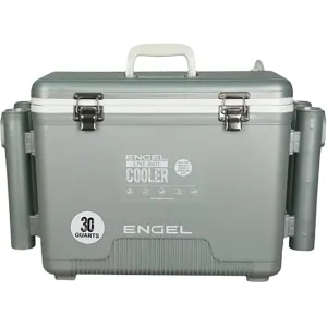 Engel 30 Quart Live Bait Pro Cooler Silver with Rod Holders and AP4 XL Rechargeable Aerator