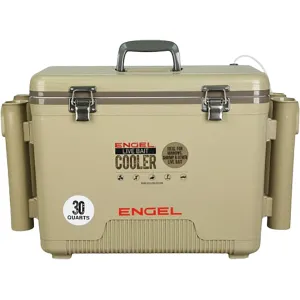 Engel 30 Quart Live Bait Pro Cooler Tan with Rod Holders and AP4 XL Rechargeable Aerator