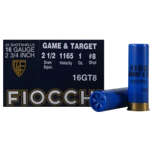 Fiocchi Game & Target 16 Gauge Ammo 2-3/4" #8 Lead Shot 1 oz Case of 250 (10 Boxes of 25)