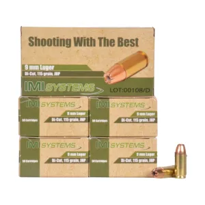 IMI 9mm Luger Ammo 115 Grain Jacketed Hollow Point Box of 250 (5 Boxes of 50)