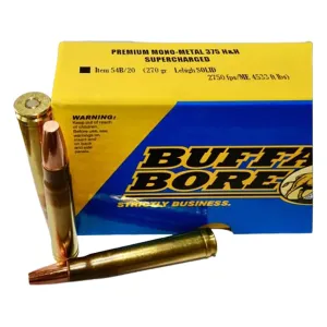 Buffalo Bore Dangerous Game Supercharged 375 H&H Magnum Ammo 270 Grain Lehigh Solid Wide Flat Nose Lead Free Box of 20