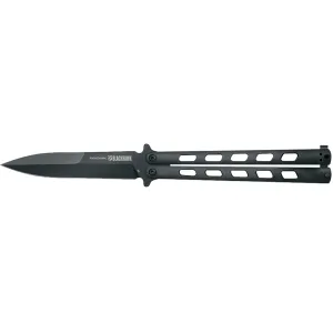 BLACKHAWK! Dark Angel Butterfly Knife 4.25" Spear Point D2 Black PVD Blade Stainless Steel Handle Black