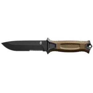 Gerber StrongArm Coyote Serrated Fixed Blade Knife 4.8" Partially Serrated Drop Point 420HC Black Ceramic Coat Blade Glass Filled Nylon/Rubber Handle Coyote