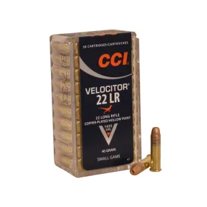 CCI Velocitor 22LR Ammo 40 Grain Plated Hollow Point Case of 5000 (100 Boxes of 50)