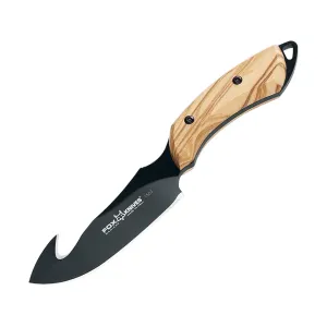 Fox Knives Eurpoean Hunter Fixed Blade Knife 3.35" Drop Point with Gut Hook N690 Black Blade Olive Wood Handle Wood