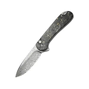 CIVIVI Button Lock Elementum II Pocket Knife 2.96" Drop Point Damascus Blade Shredded Carbon Fiber Handle Black/Gold