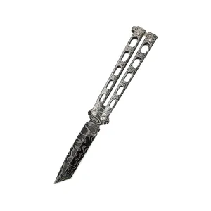 Bear & Son Silver Vein Butterfly Knife 3.375" Tanto Point Damascus Blade Zinc Handle Silver Vein