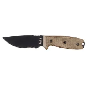 Ontario RAT-3 Fixed Blade Knife 3.5" Serrated Drop Point 1095 Black Carbon Steel Blade Micarta Handle Green