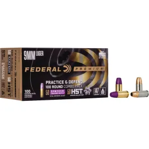Federal Premium Practice and Defend HST/Syntech Combo 9mm Luger Ammo 147 Grain Total Synthetic Jacket and Jacketed Hollow Point Box of 100