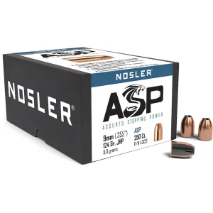 Nosler ASP (Assured Stopping Power) 9mm Luger, 38 Super (355 Diameter) Bullets 124 Grain Jacketed Hollow Point Box of 250