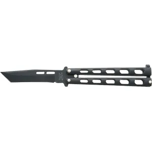 Bear & Son 115TANB Butterfly Knife 3.375" Tanto Point 1095 Black Powder Coat Blade Zinc Handle Black