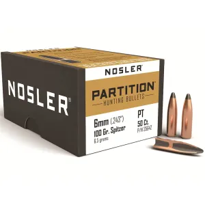 Nosler Partition 6mm, 243 Caliber (243 Diameter) Bullets 100 Grain Spitzer Box of 50
