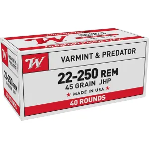 Winchester White Box USA 22-250 Remington Ammo 45 Grain Jacketed Hollow Point Box of 40